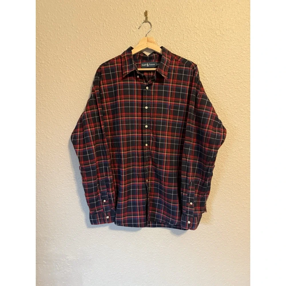VINTAGE Ralph Lauren Plaid Shirt Mens XXL Custom Fit 90s Red Tartan Cotton Pony